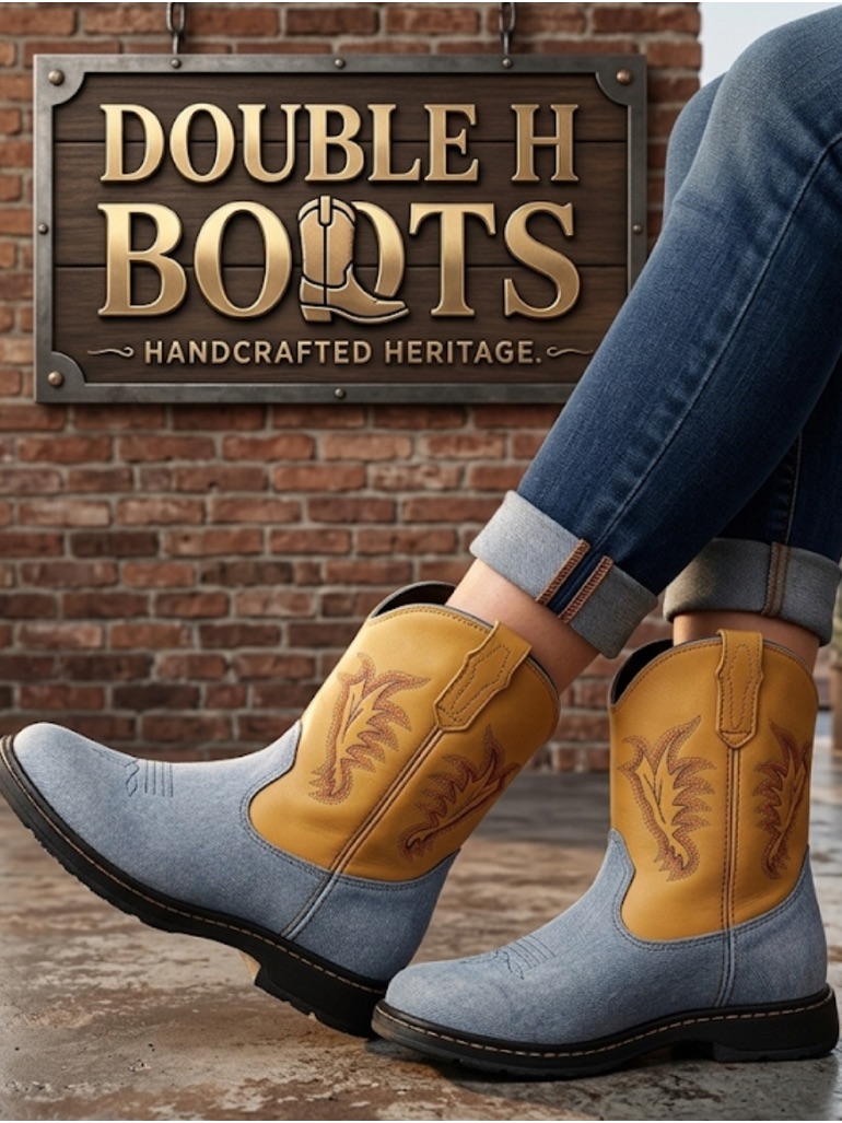 Authentic Double H Denim & Leather Western Boots Sz 9
